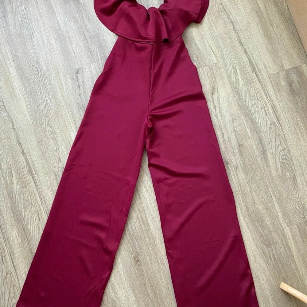 ROMWE Off the shoulder Jumpsuit Burgundy Frill Size S 8 UK Wide Leg - Picture 3 of 4